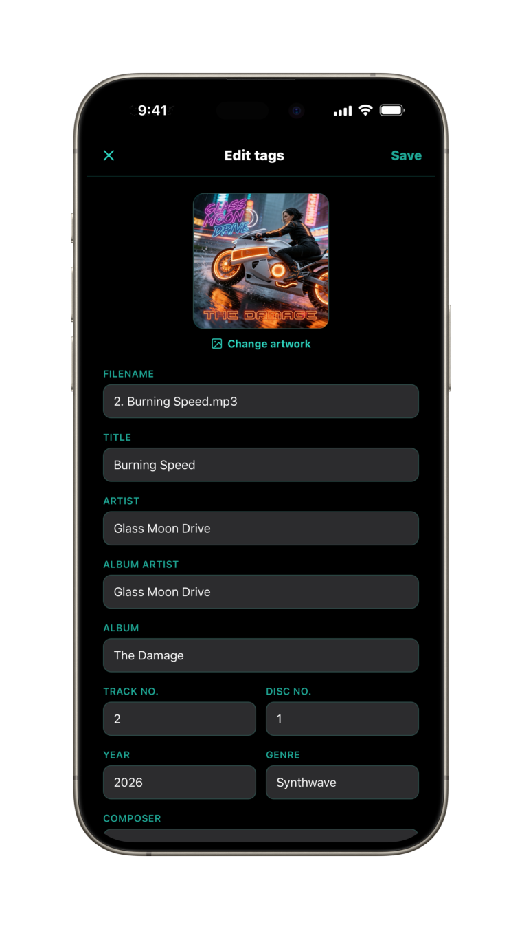 The tag editor in Falcon, showing artwork and metadata fields for a song